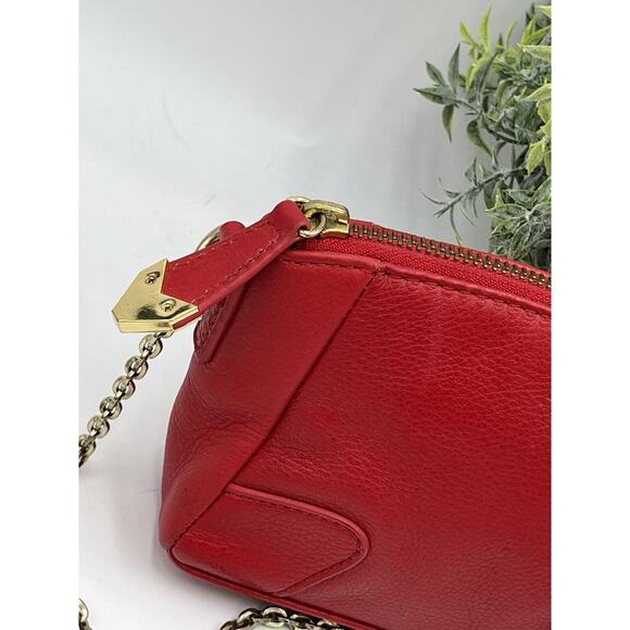 Perlina NY Red Pebbled Leather Small Crossbody Bag Gold Chain Monogram Lining - Picture 4 of 13